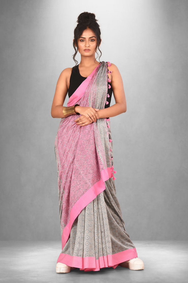 Pink and Grey Mercerised Cotton Handoom Saree