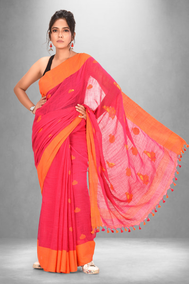 Pink cotton saree with Orange border