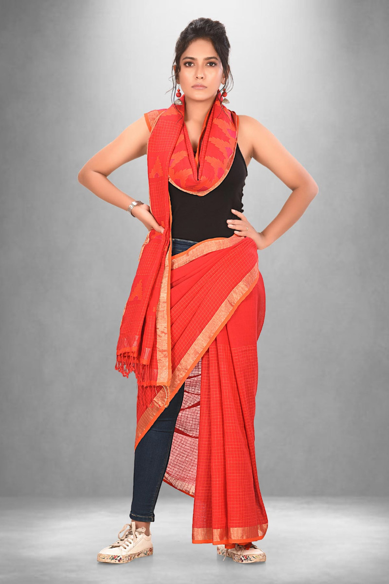 Pink Handloom Cotton saree with Orange Border