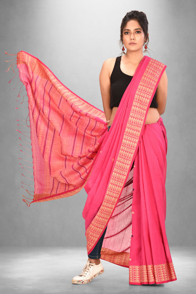 Pink Mercerised cotton Saree with Fish Motif