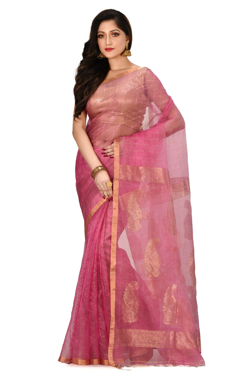 Pink Resham Silk Handloom Saree with Zari Check