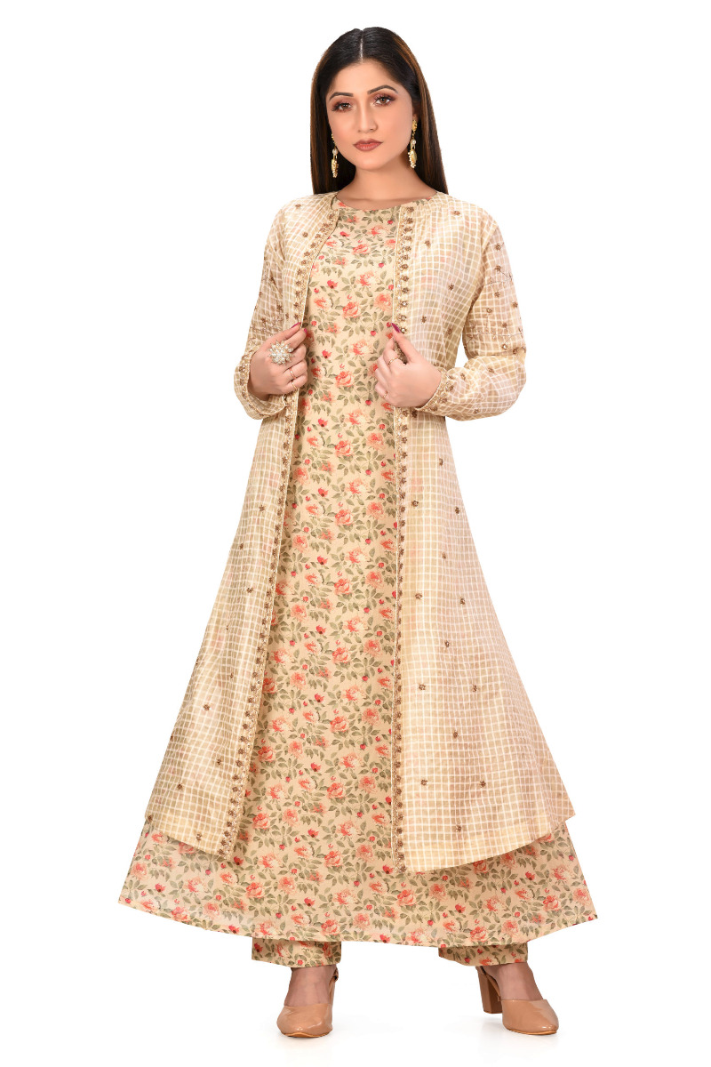 Printed Kurti and pant with Embroidered Tassar Jacket