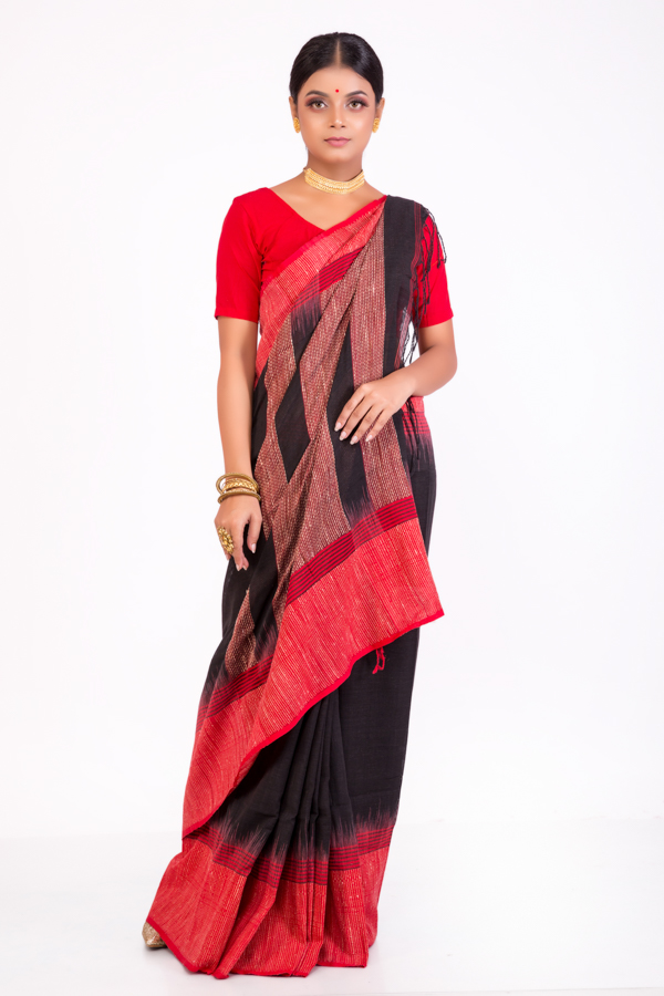 Pure cotton Handloom Black saree with Red Border
