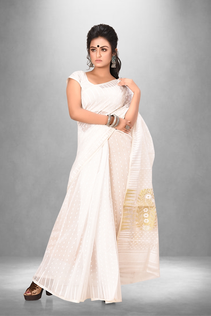 Pure cotton milky white zari work soft dhakai jamdani