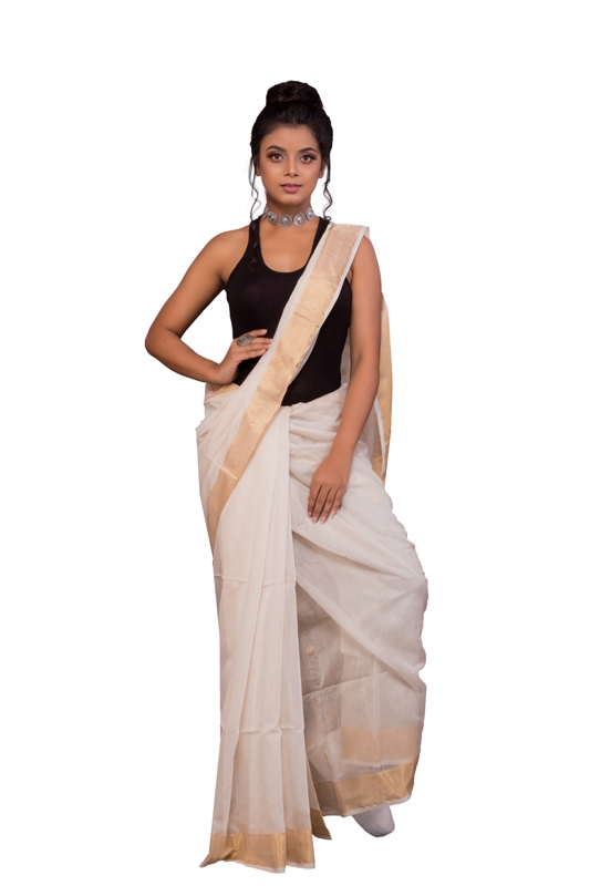 Pure White Cotton Silk Handloom Saree