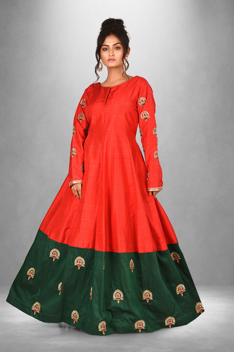 Red and Green Hand Embroidered Raw Silk dress