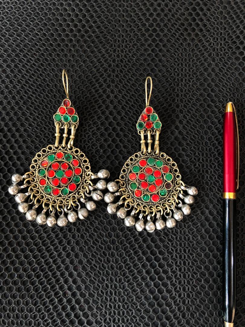 Red and Green Round Afghani Earrings