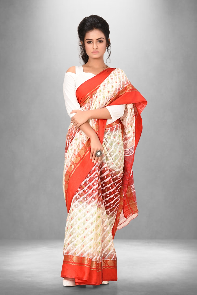 Red and off white combination minakari soft dhakai