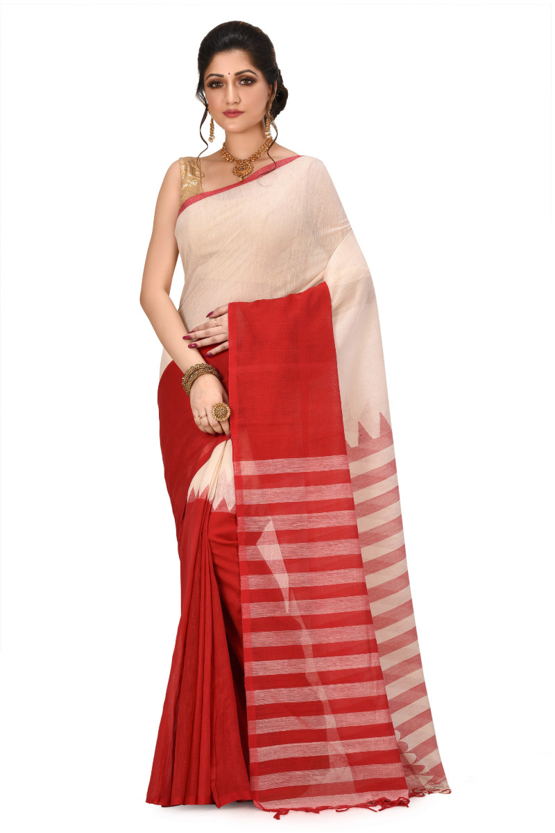 RED AND WHITE KHADI COTTON SAREE