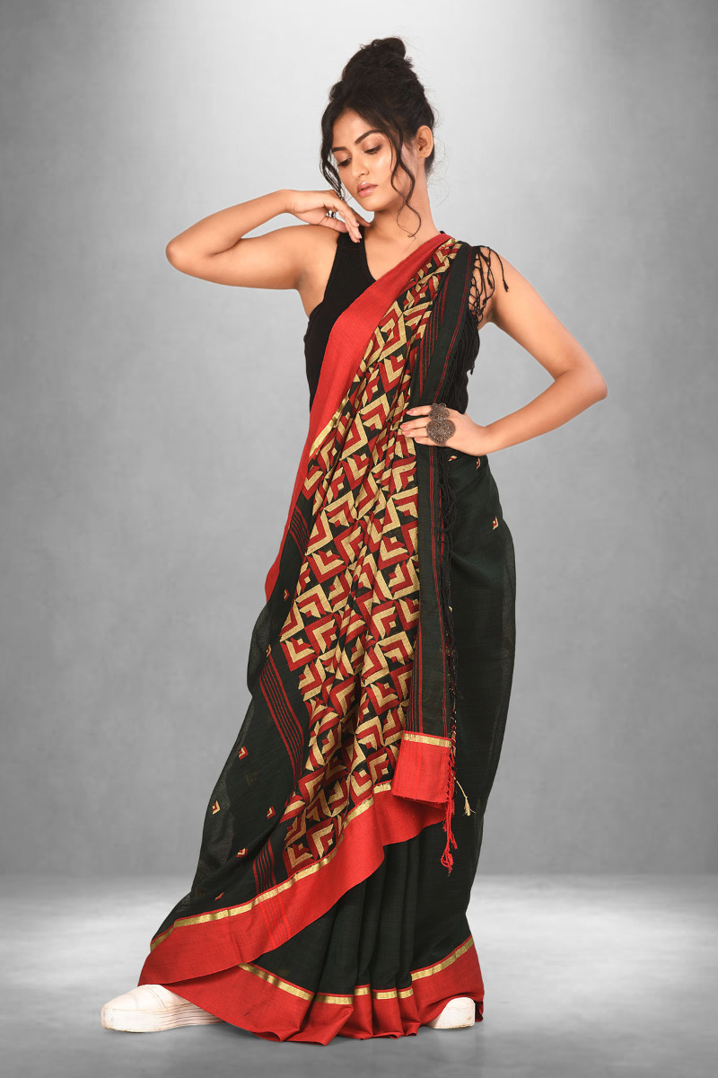 Red border Black Cotton Handloom Geometric Saree