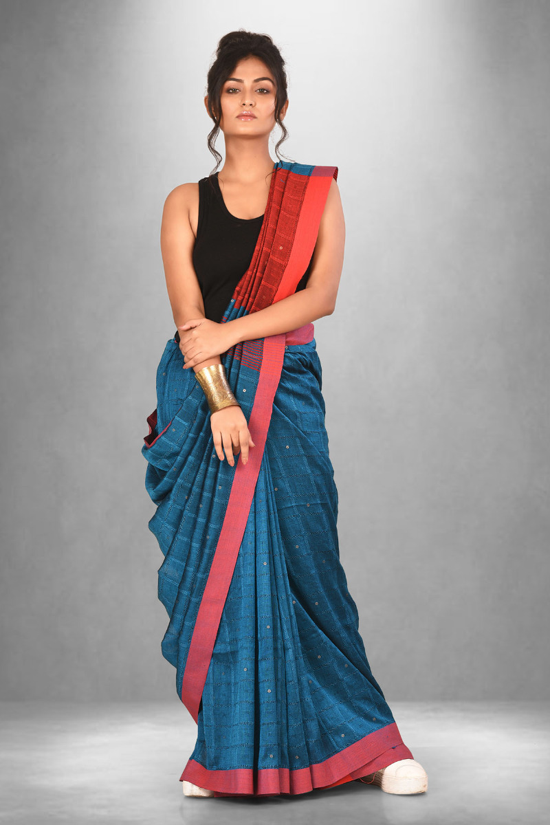 RED border Blue Mercerised cotton Handloom