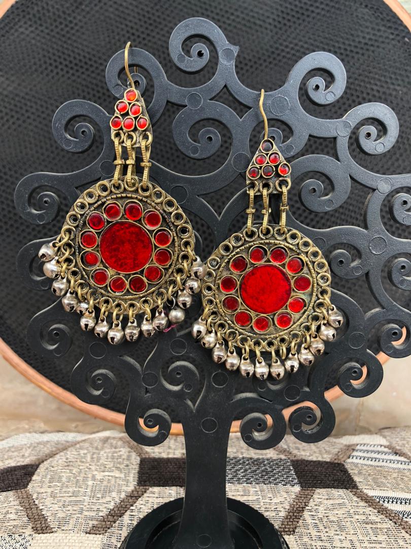 Red Round Glasswork Afghani Earrings