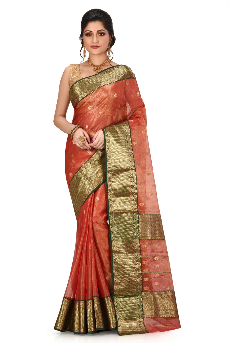 Rust Tissue Chanderi saree with Benarasi Border