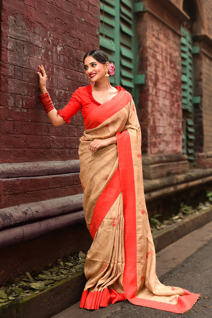 Pure tussar silk with hand embroidery saree