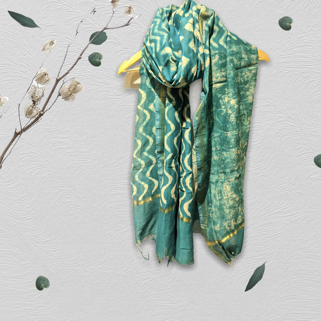 Sea Green Silk Hand block printed Handloom Stole