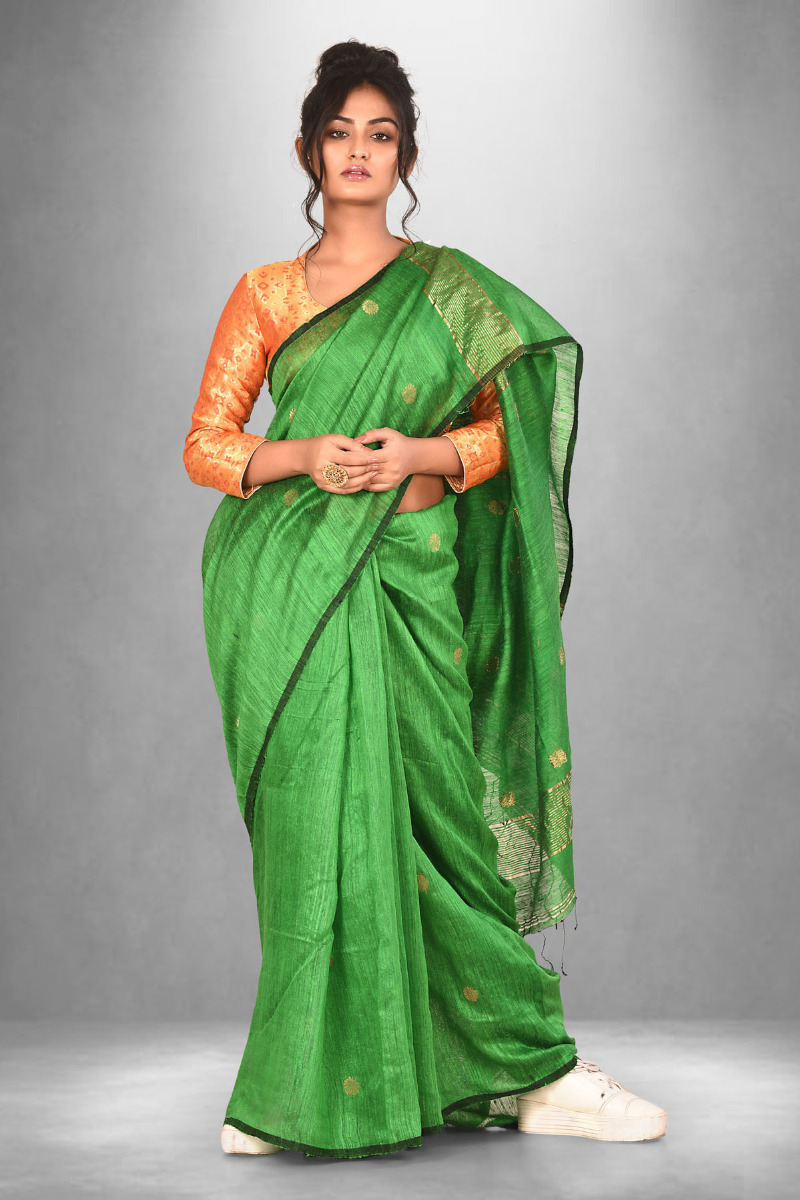 Shocking Green Matka Saree with Zari Jamdani work