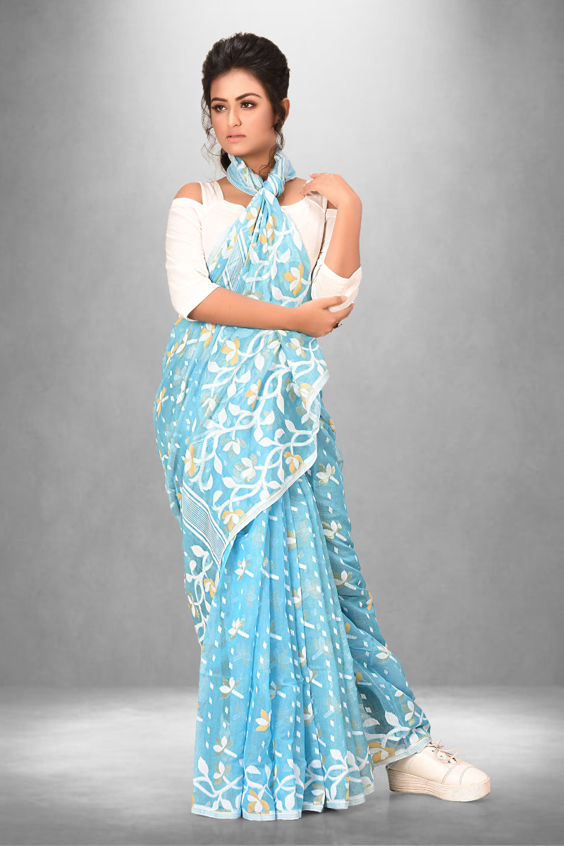 Sky Blue And white Combination Fuleshwari work soft Dhakai