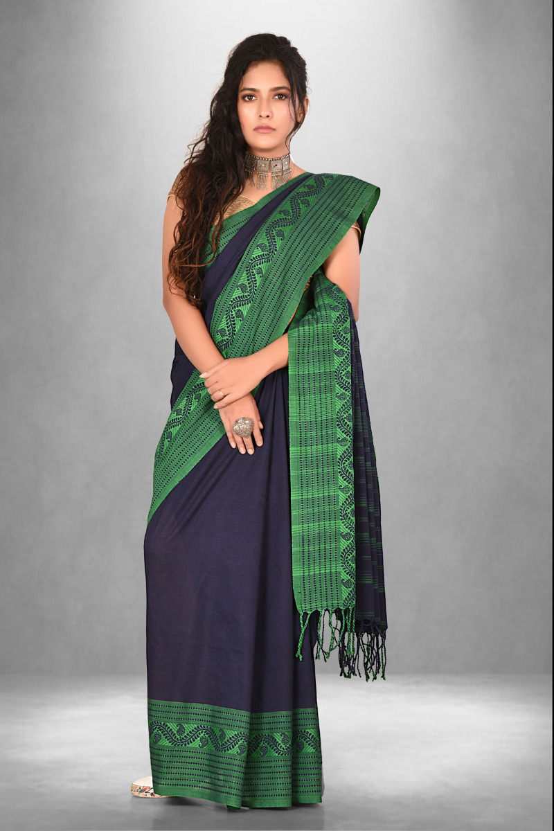 Slate with Green Border Cotton Handloom saree