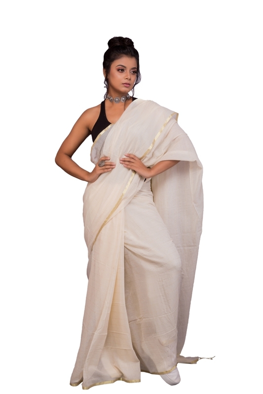 Soft White Cotton Mulmul saree with Golden Border