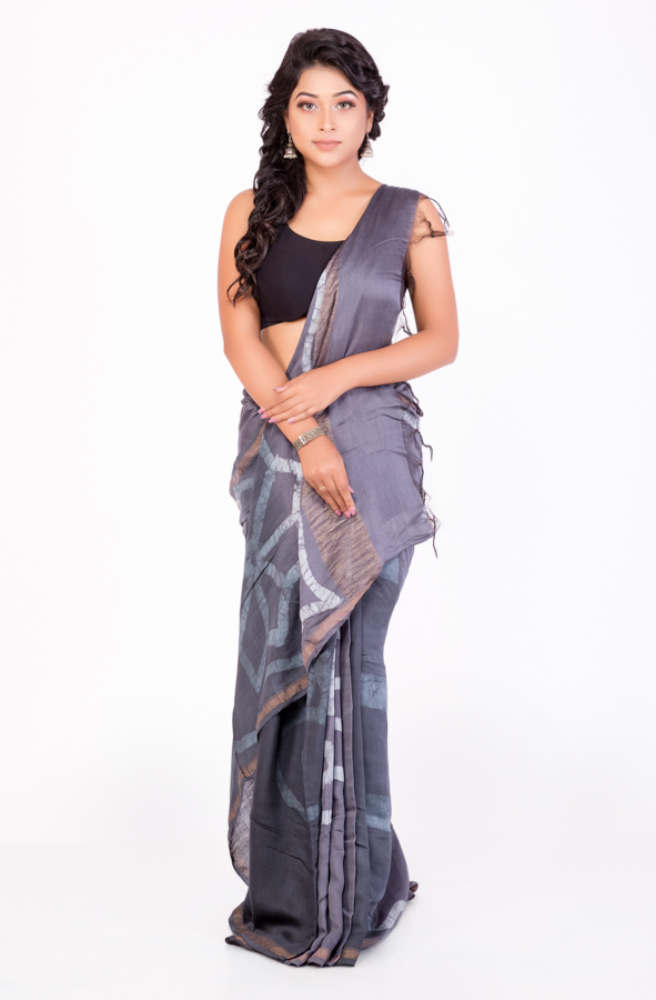 Steely Grey Dabbu Printed Chanderi silk saree