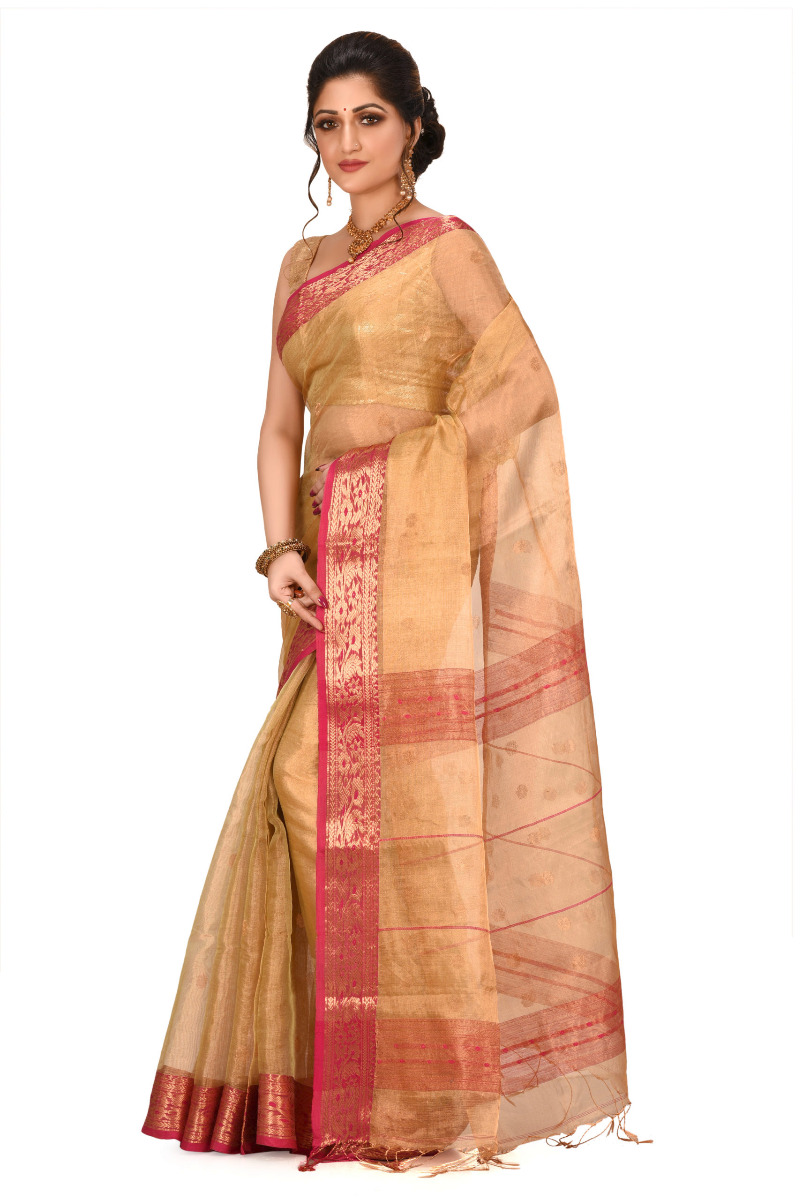 Straw coloured Chanderi Saree with Benarasi Border