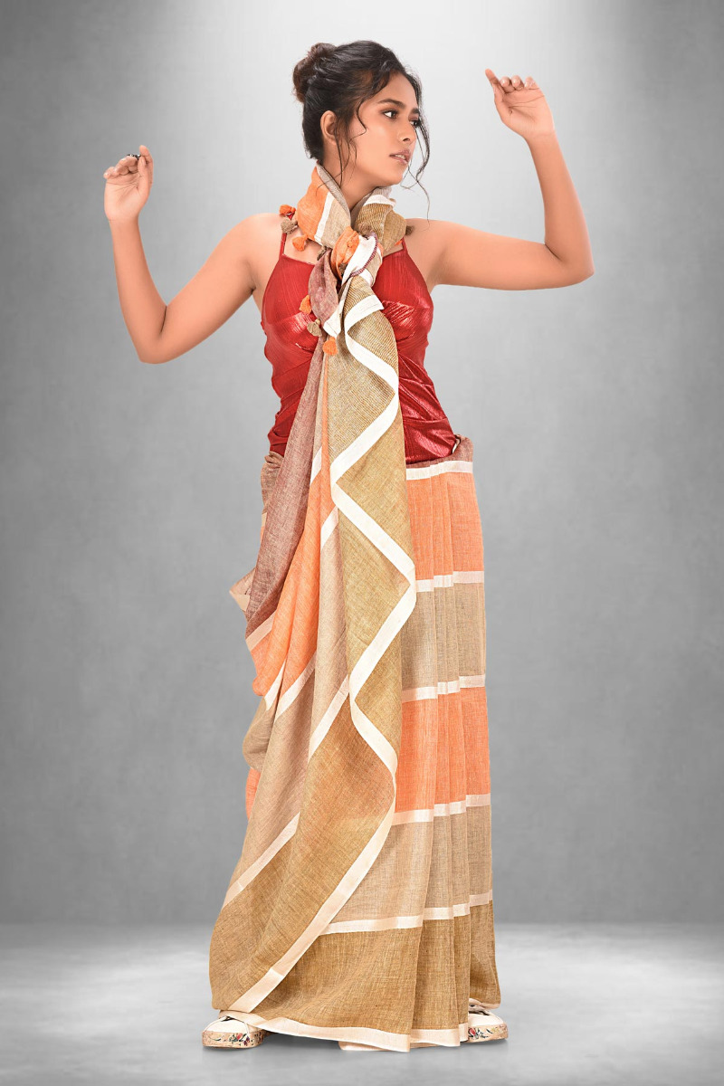 Stripped Linen saree orange and brown