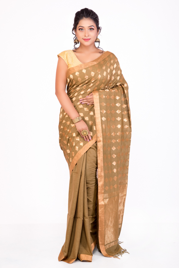 Tassar Saree with Golden Motifs