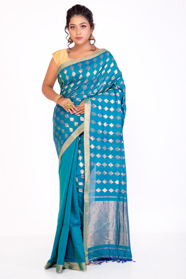 Teal Tassar Saree with Golden Motifs