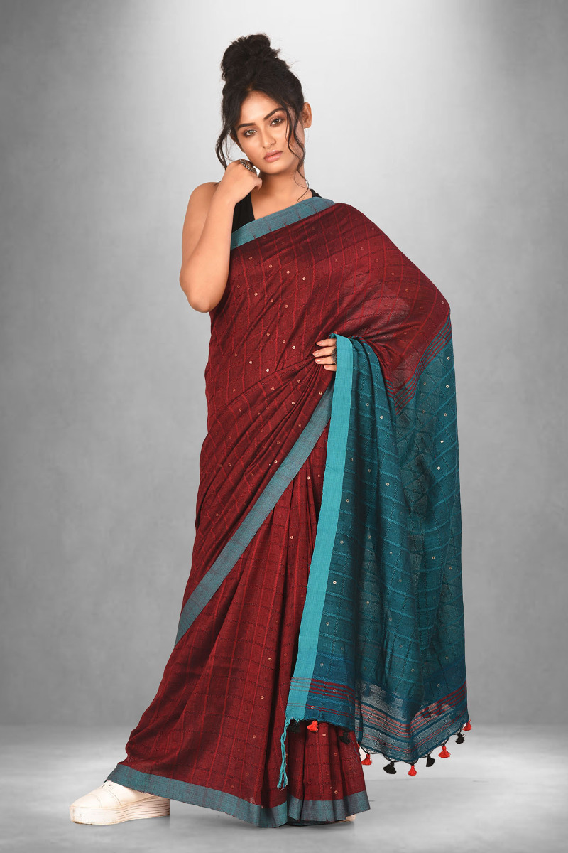 Turquoise Border Red Mercerised Cotton Handloom Saree