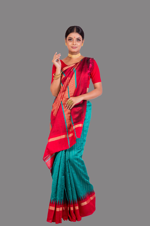 Voile Peacock Blue Saree with Bright Red Border