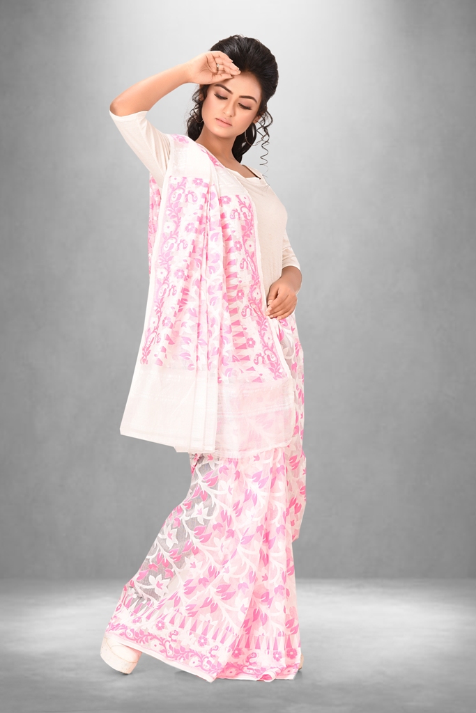 White and baby pink combination khachhi soft dhakai