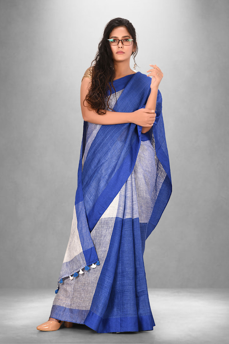 White and blue Linen Handloom Saree