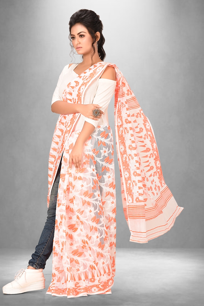 White and orange combination soft kachhi dhakai