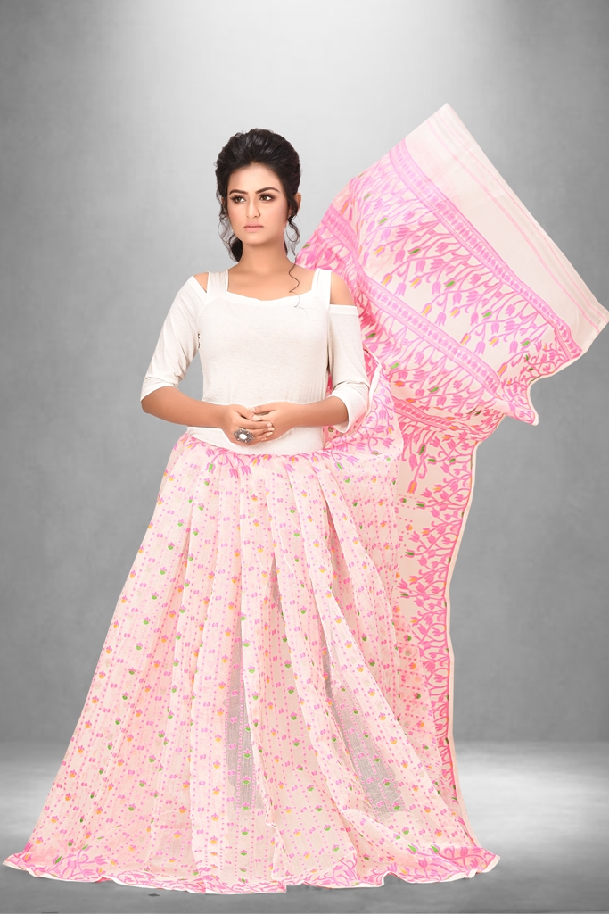 White and pink combination padmabati soft dhakai