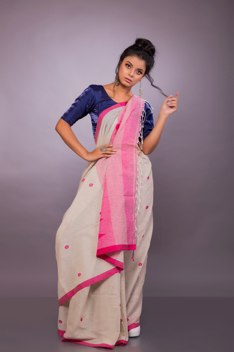 White Cotton Handwoven Saree with Pink border and pallu