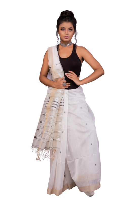 White Cotton Silk Handloom Saree with Golden Border