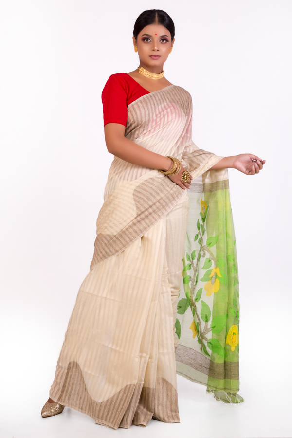 White Cotton Silk Saree with Rose gold zari