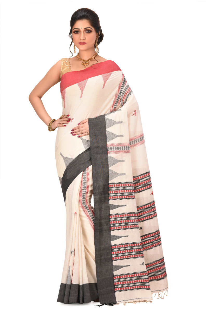 White Khadi saree with black border and red work