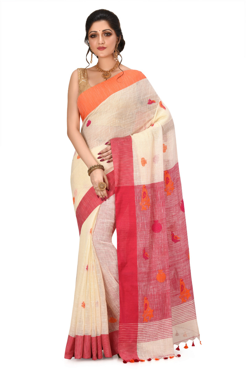 White lightweight Magenta and Orange Ganga Yamuna border Cotton saree