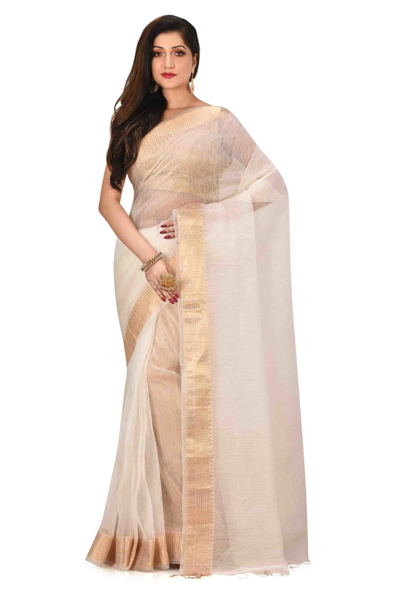 White Linen Silk Handloom Saree with Benarasi Border