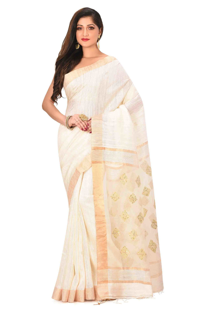 White Matka Silk with Resham Pallu