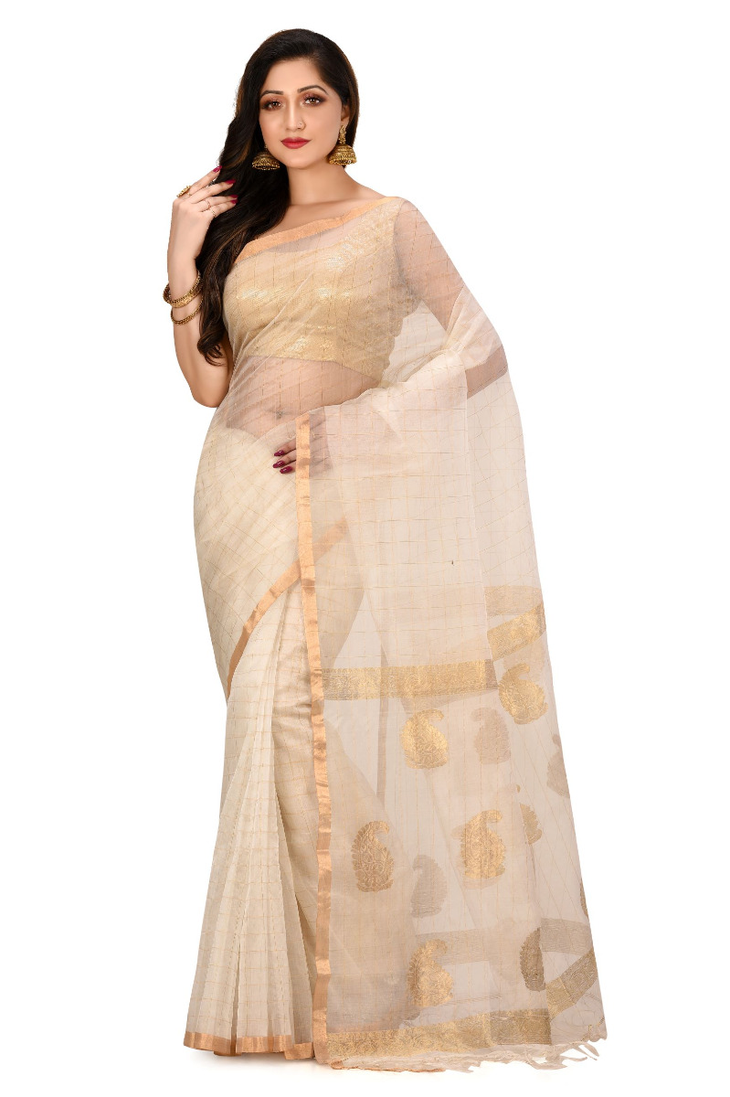 White Resham Silk Handloom Saree With Zari Bordar