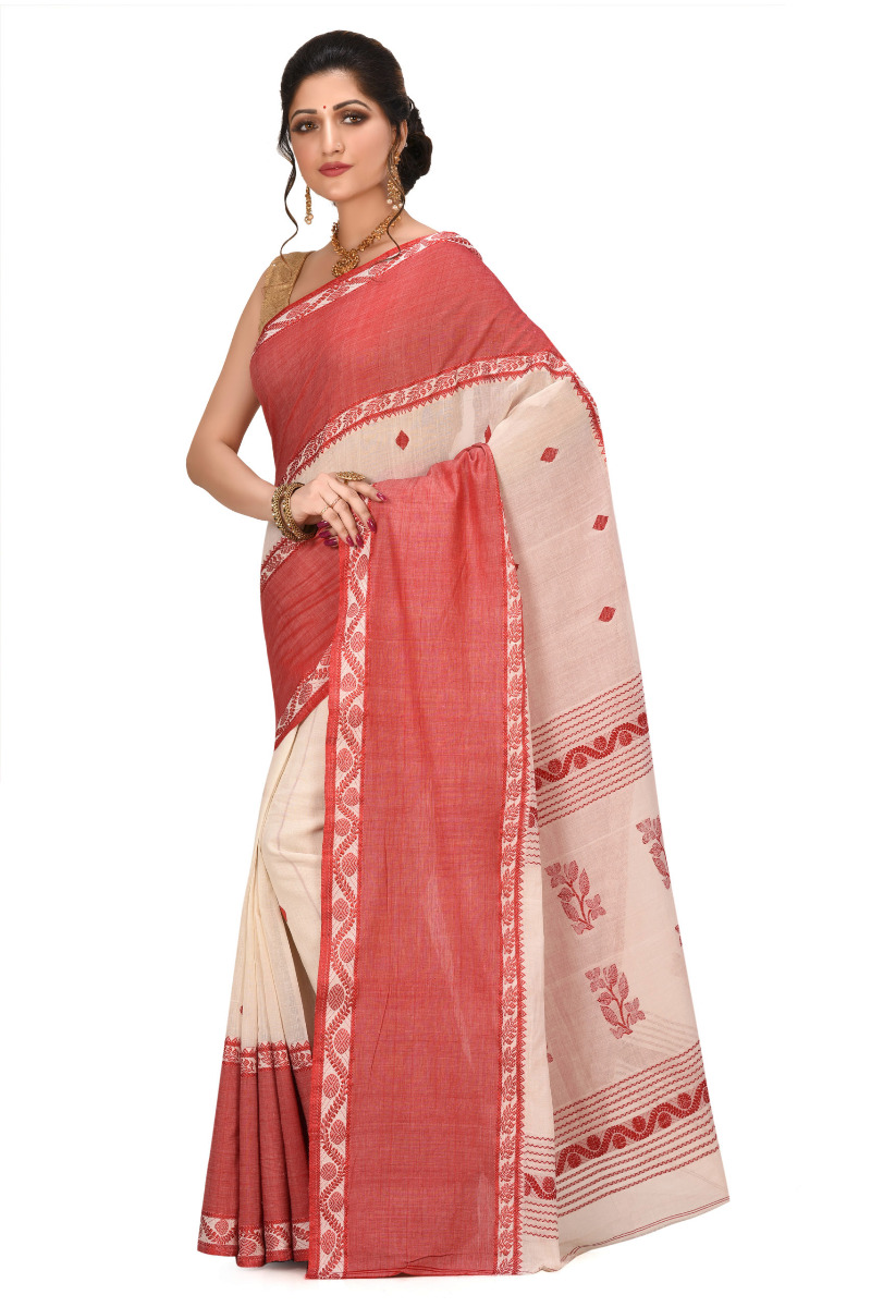 White Saree with Red broad Border Cotton