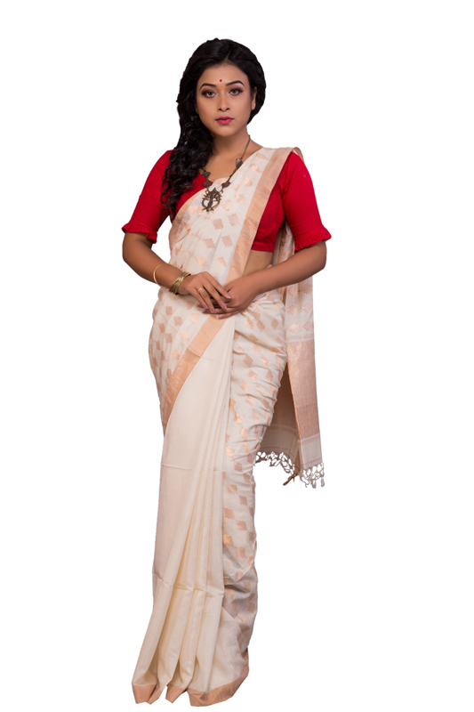 White Tassar Saree with Golden Motifs