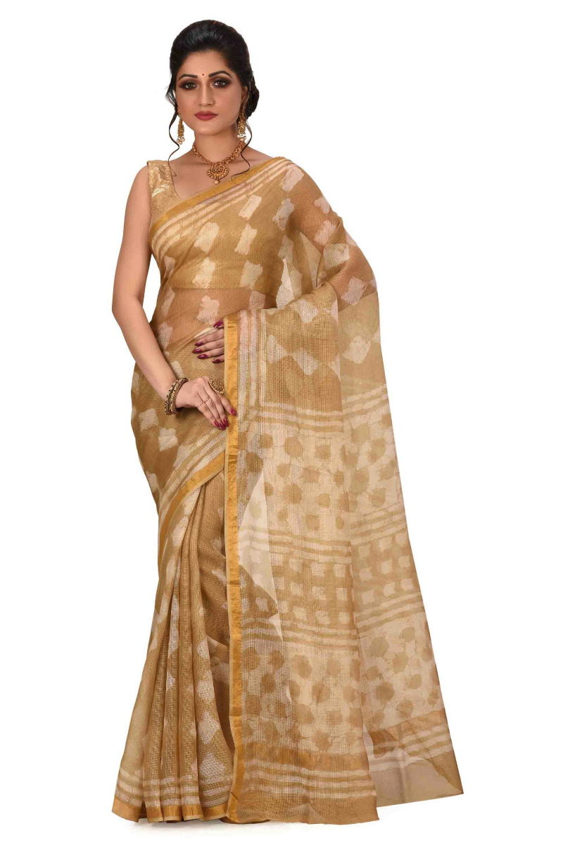 Yellow Kota Silk saree Dabbu print