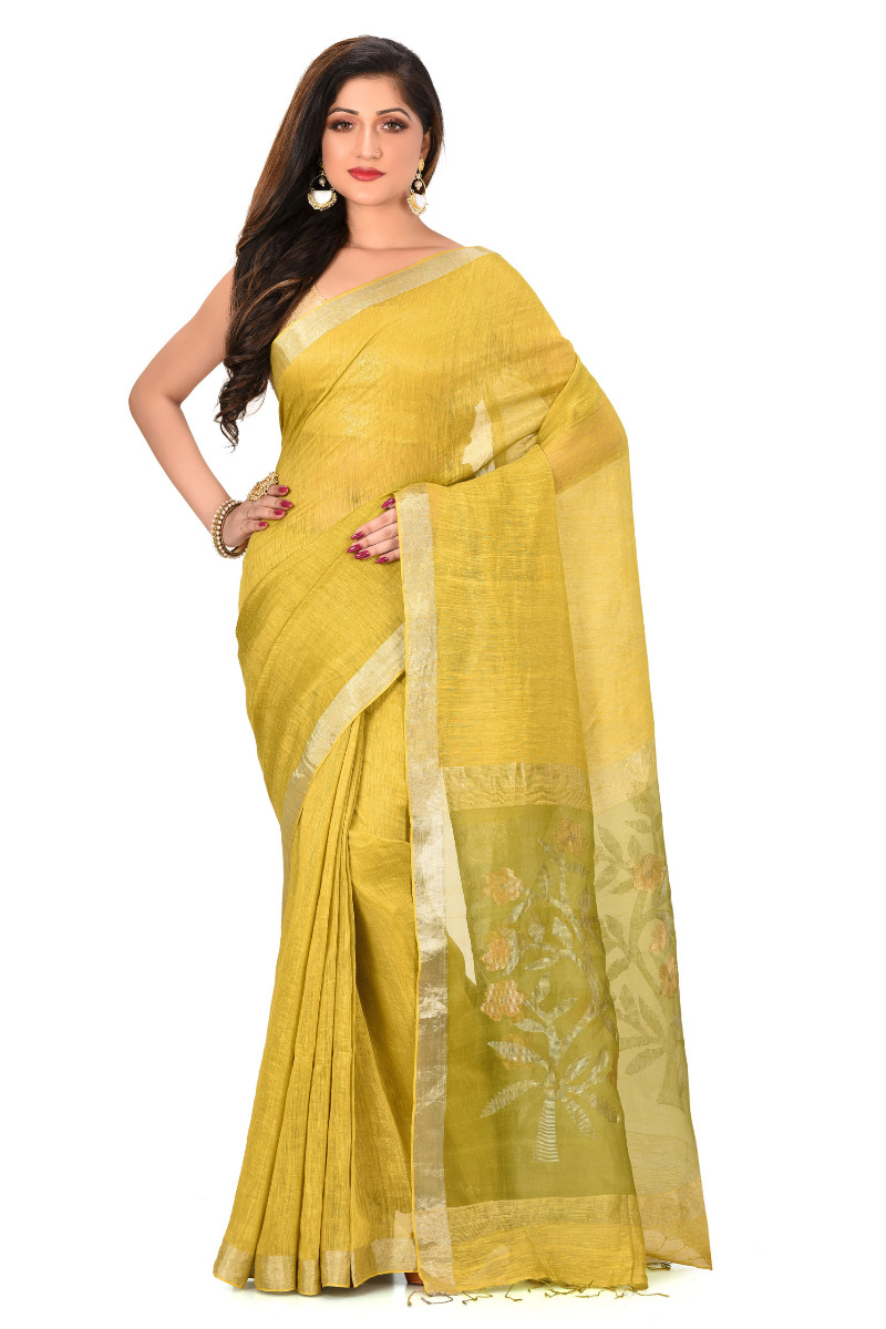 Yellow Silk Linen silk with Resham pallu Jamdani