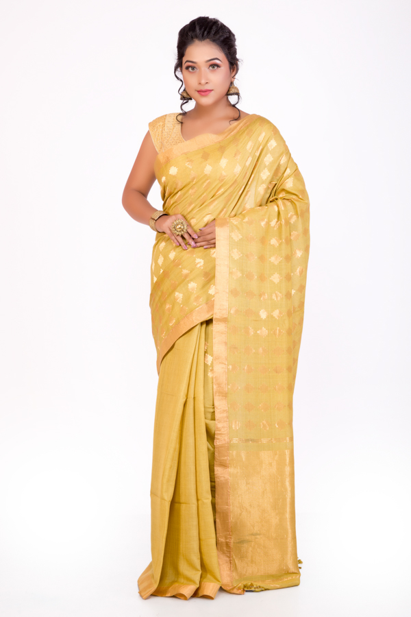 Yellow Tassar Saree with Golden Motif